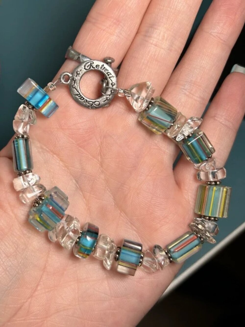 Vintage Bead Retreat Artisan Striped Glass & Quartz Crystal Toggle Bracelet